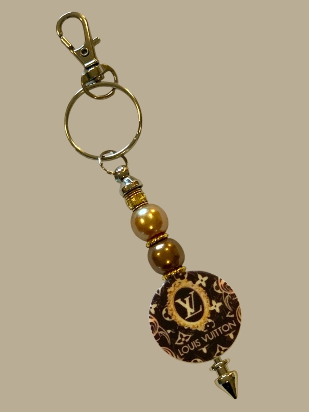 Brown, Silver, and Gold Fashion monogramed Beaded Key Charm Handcrafted